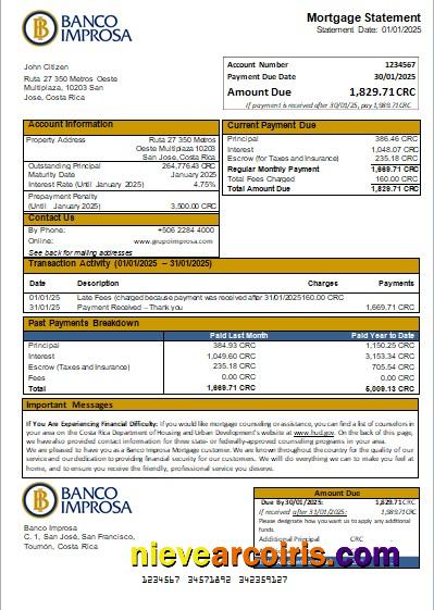 Costa Rica Banco Improsa bank mortgage statement